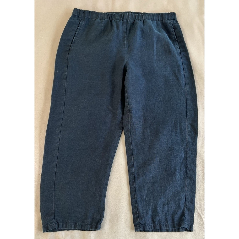 J Jill Love Linen Blend‎ Cropped pants Sz Medium Navy Blue Elastic Women's Beach